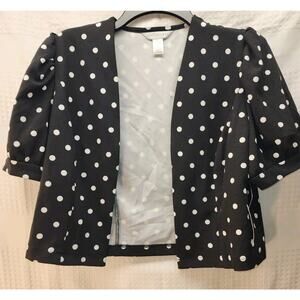 London Times Cardigan Size 6 Puff Short Sleeve Open Front Black Polka Dot 1107
